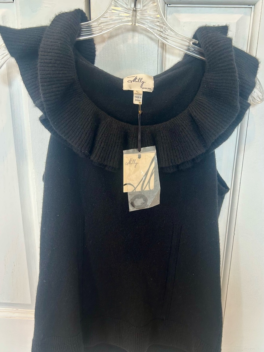 Milly Black Ruffle-Neck Sleeveless Knit Top